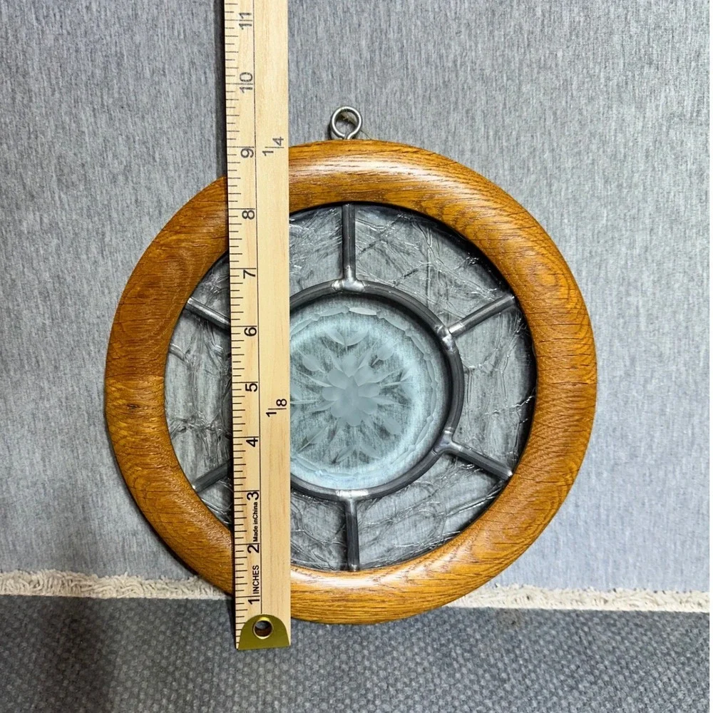 VTG Etched Glass Suncatcher Round Oak Wood Frame Floral Leaded Window Art 8